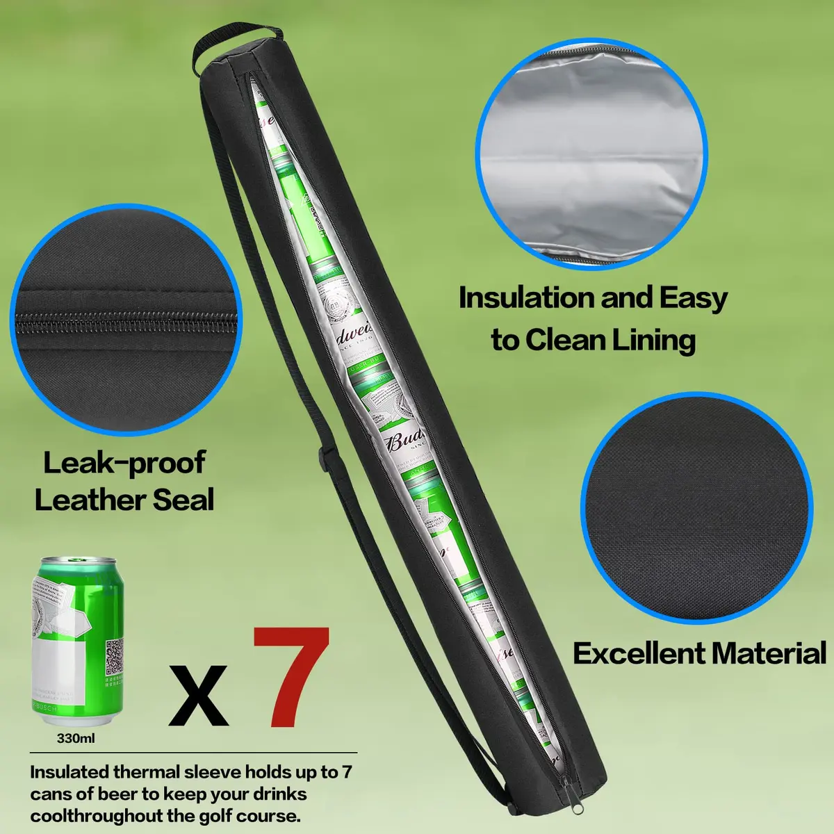 NATURAL STYLE Beer Sleeve for Golf Bag 7-Can Insulated Cooler BLACK | Waterproof & Portable (82*8 cm) - view 3