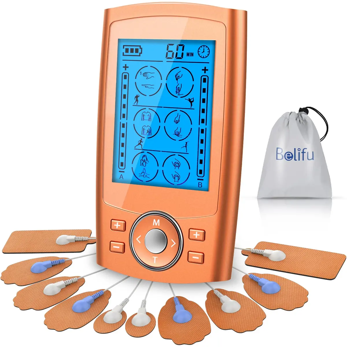 Belifu TENS EMS Unit 24 Modes Muscle Stimulator with 10 Pads, Rechargeable Pain Relief Massager | 20 Hours Use - main product image