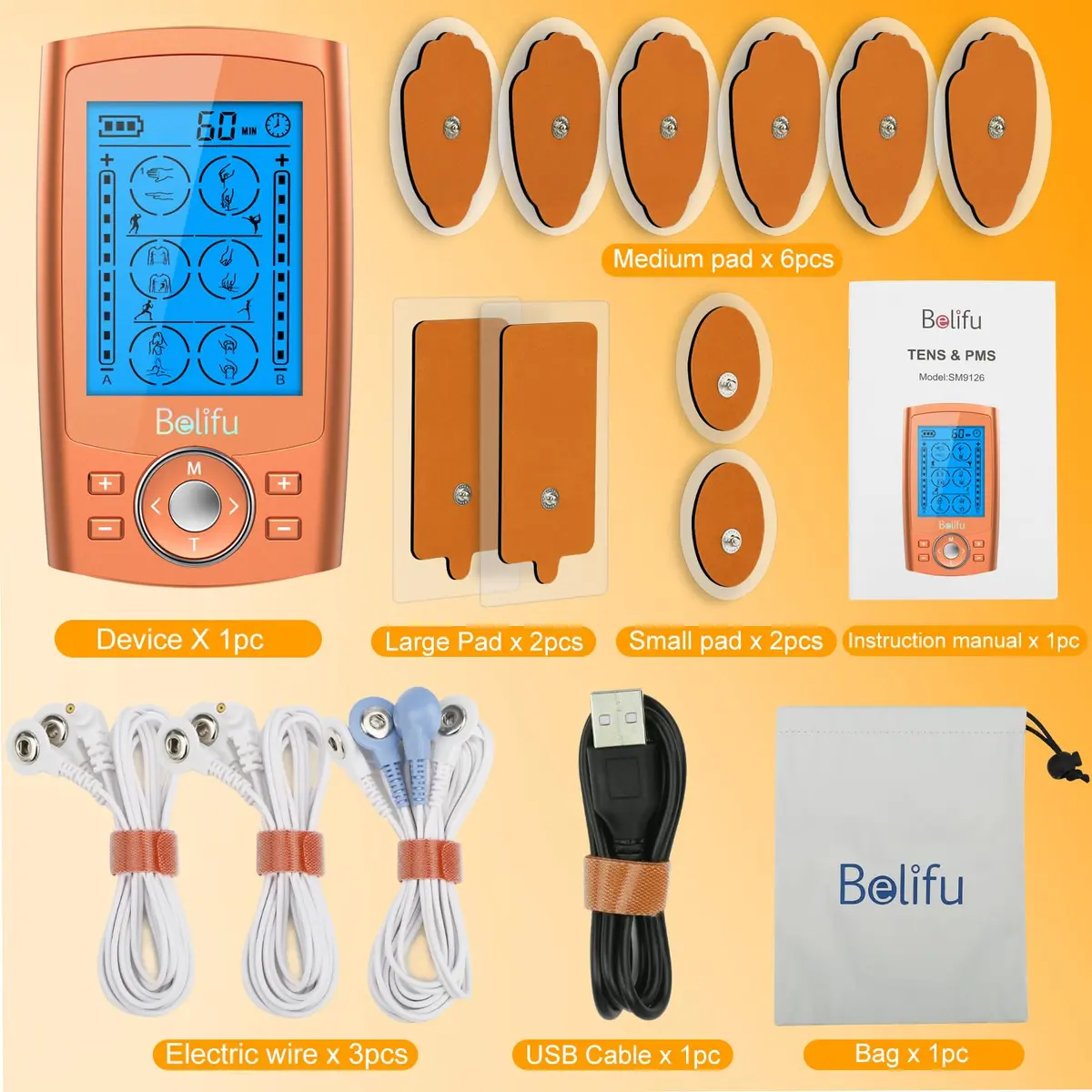 Belifu TENS EMS Unit 24 Modes Muscle Stimulator with 10 Pads, Rechargeable Pain Relief Massager | 20 Hours Use - view 6