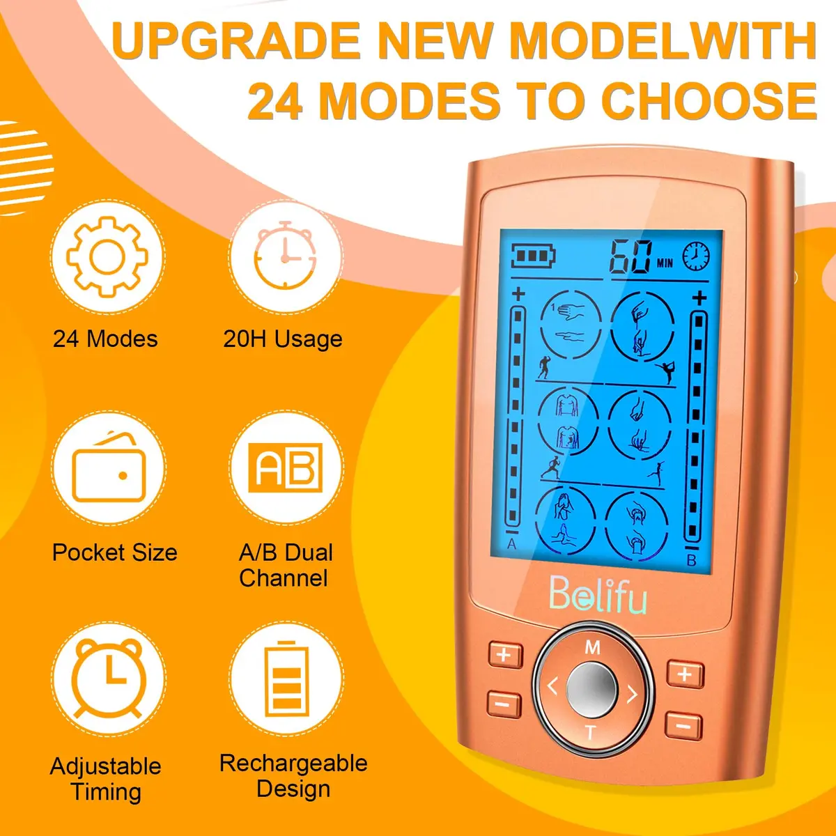 Belifu TENS EMS Unit 24 Modes Muscle Stimulator with 10 Pads, Rechargeable Pain Relief Massager | 20 Hours Use - view 2