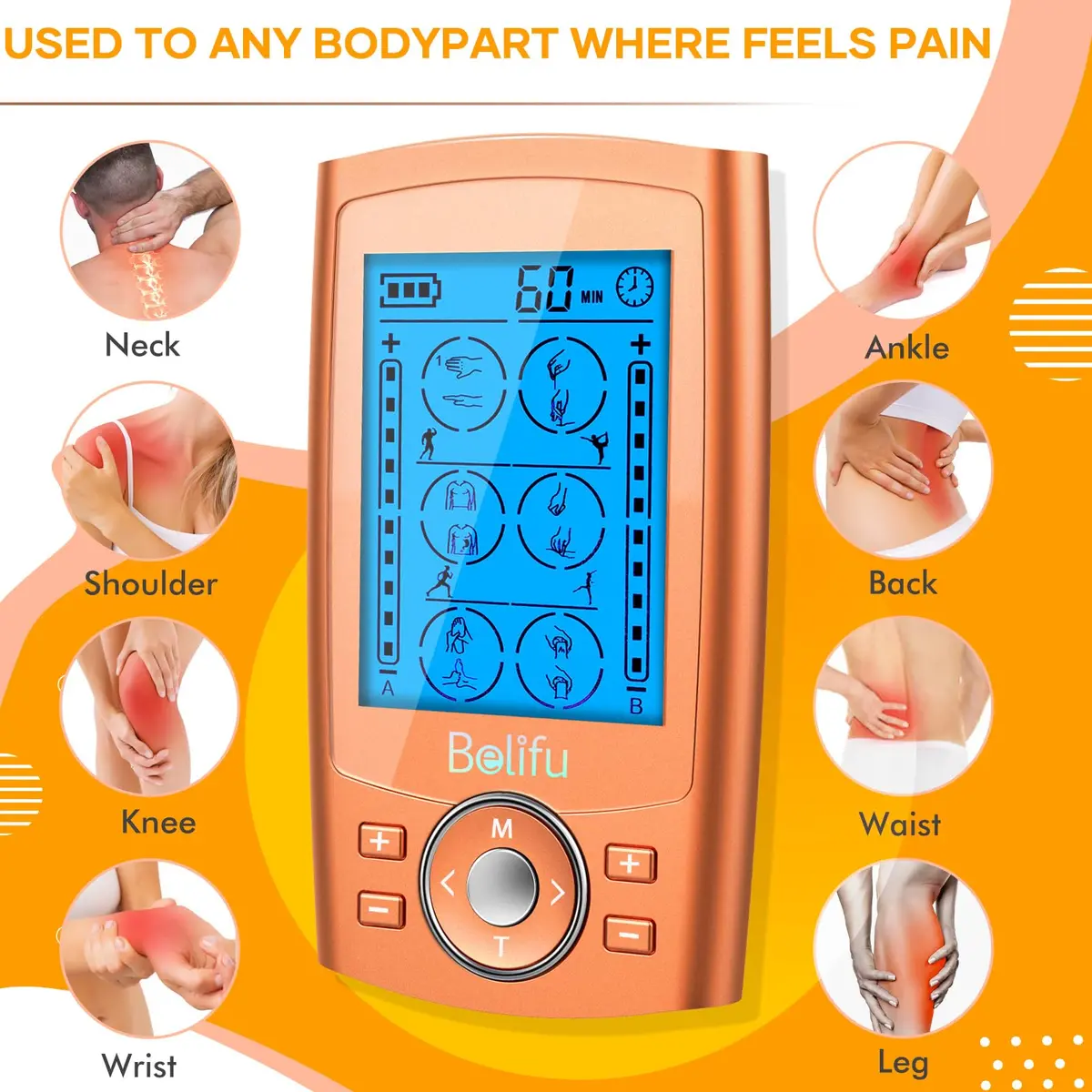 Belifu TENS EMS Unit 24 Modes Muscle Stimulator with 10 Pads, Rechargeable Pain Relief Massager | 20 Hours Use - view 3