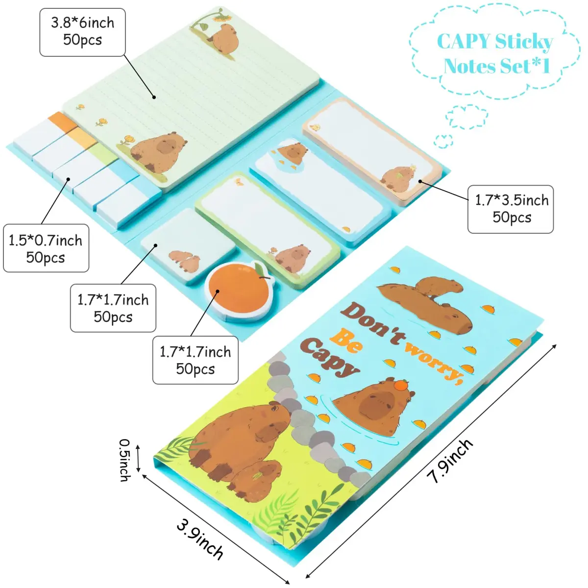 Xqumoi Don't Worry Be Capy Sticky Notes Set (550 Sheets) | Cute Capybara Themed Gift for Students & Office - main product image