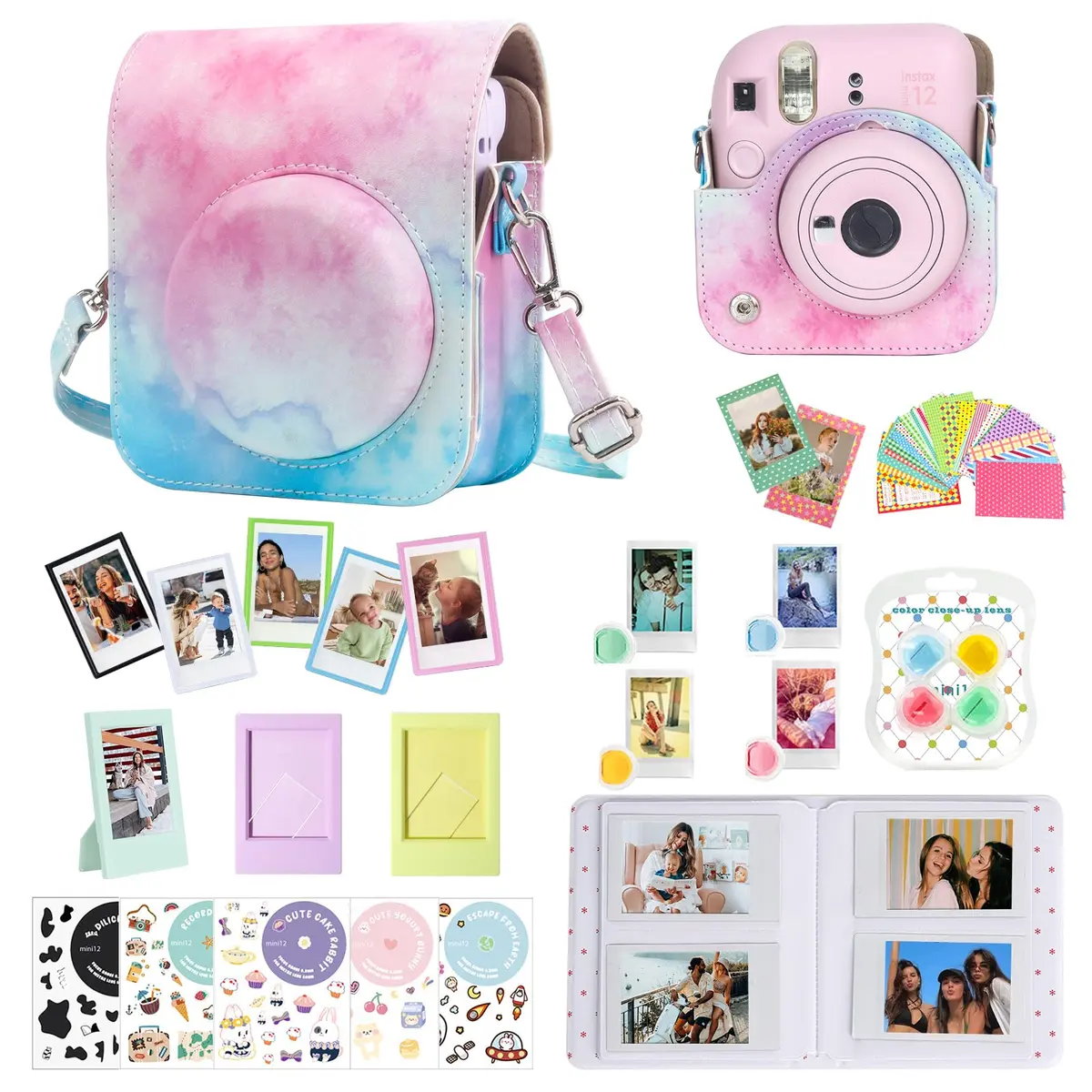 CAIYOULE Instax Mini 12 Camera Accessories Kit with Case, Album & Frames | Blue Pink Watercolor - main product image
