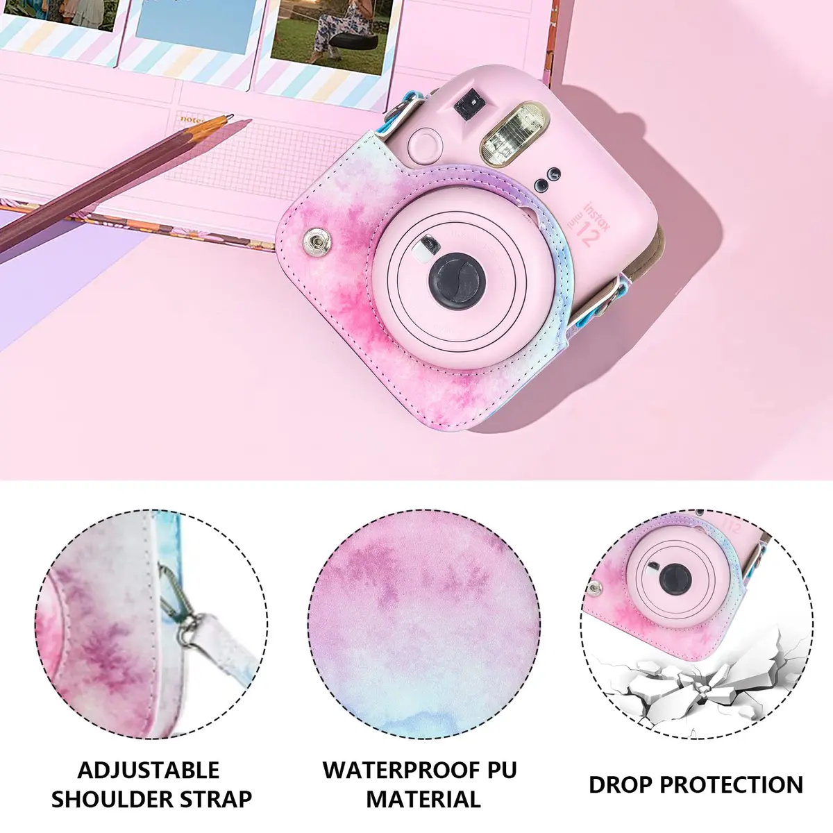 CAIYOULE Instax Mini 12 Camera Accessories Kit with Case, Album & Frames | Blue Pink Watercolor - view 3