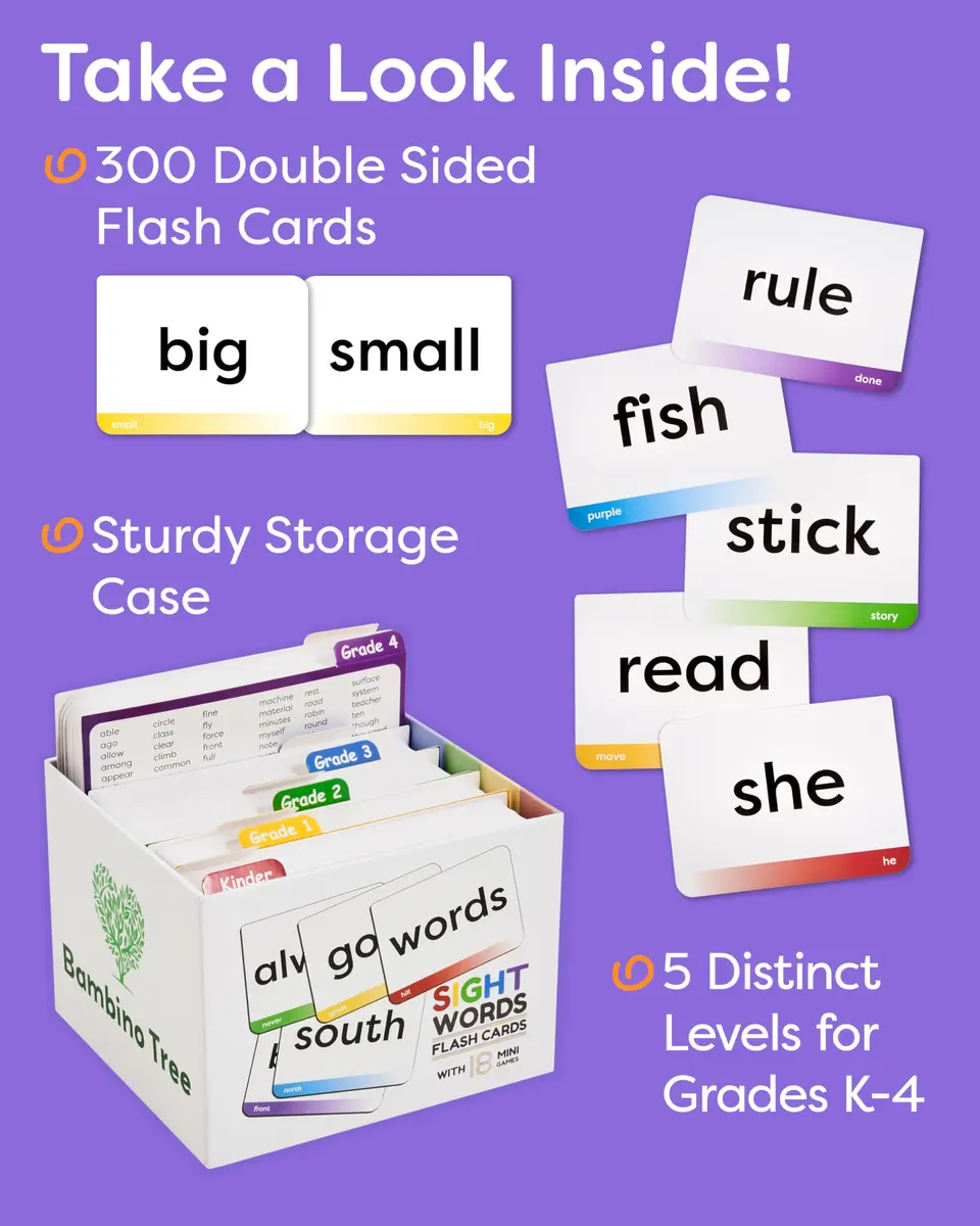 THE BAMBINO TREE Sight Words Flash Cards - Kindergarten to 4th Grade | 300 Jumbo-Size Cards for Early Literacy - view 2
