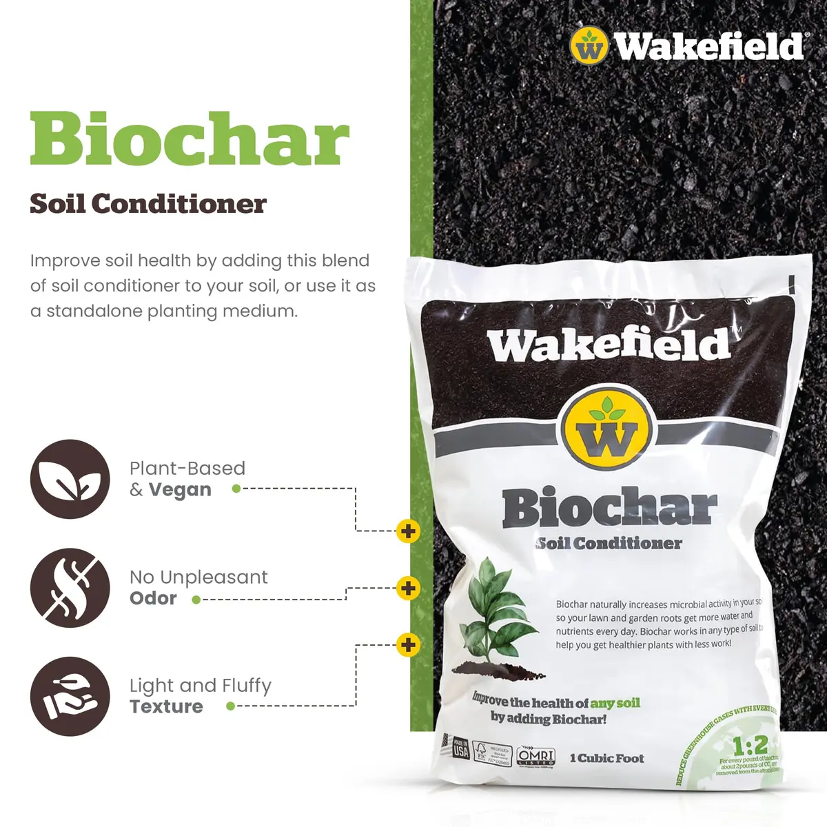 Wakefield BioChar – Premium Garden Soil Conditioner – OMRI Listed, Bio Char for Raised Gardens, Potting Mix, Lawns – 1 cu/ft (25 pounds) - view 3