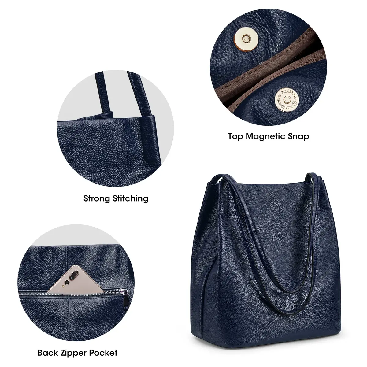 Kattee Women's Soft Genuine Leather Tote Shoulder Bag with Magnetic Snap Closure & Tablet Compartment, 28.5cm (11.2") | Dark Blue - view 5