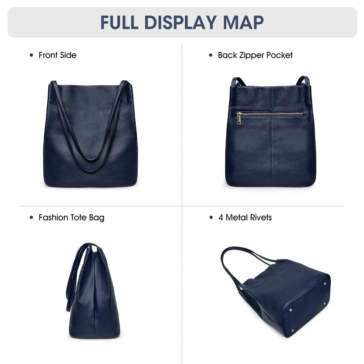 Kattee Women's Soft Genuine Leather Tote Shoulder Bag with Magnetic Snap Closure & Tablet Compartment, 28.5cm (11.2") | Dark Blue - view 6