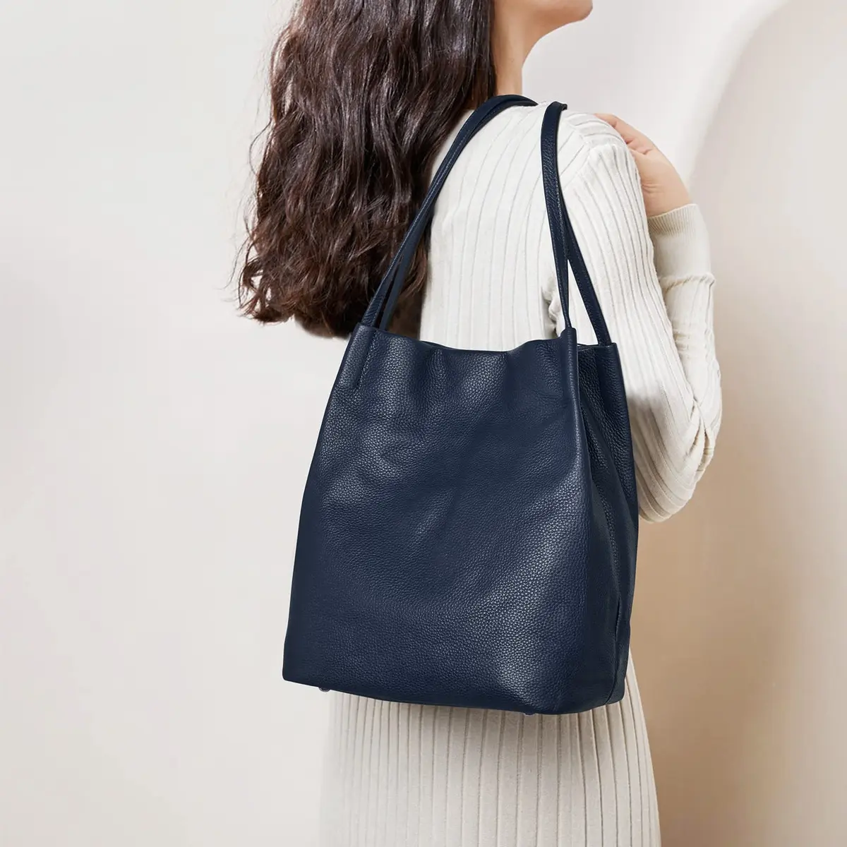 Kattee Women's Soft Genuine Leather Tote Shoulder Bag with Magnetic Snap Closure & Tablet Compartment, 28.5cm (11.2") | Dark Blue - view 2