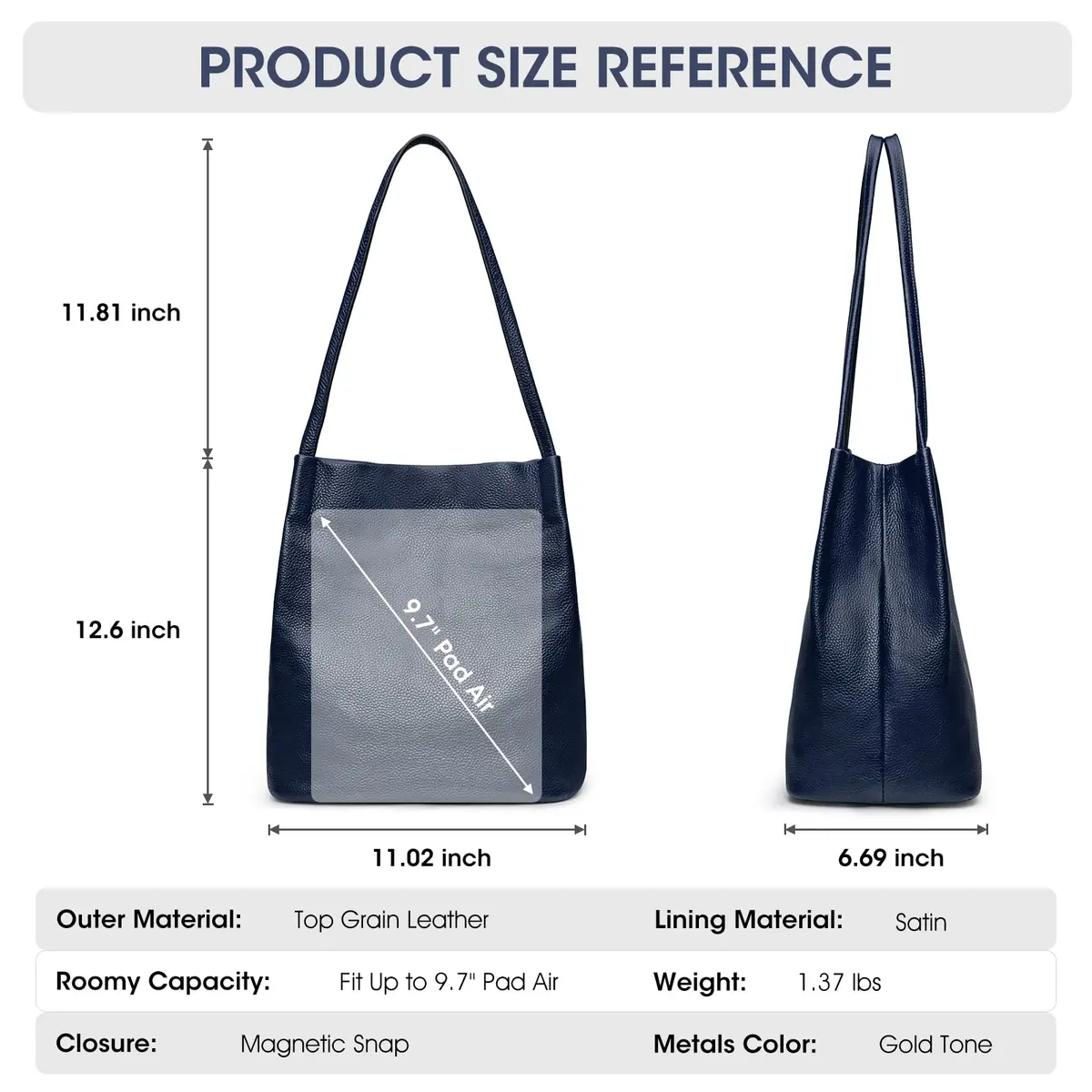 Kattee Women's Soft Genuine Leather Tote Shoulder Bag with Magnetic Snap Closure & Tablet Compartment, 28.5cm (11.2") | Dark Blue - view 3