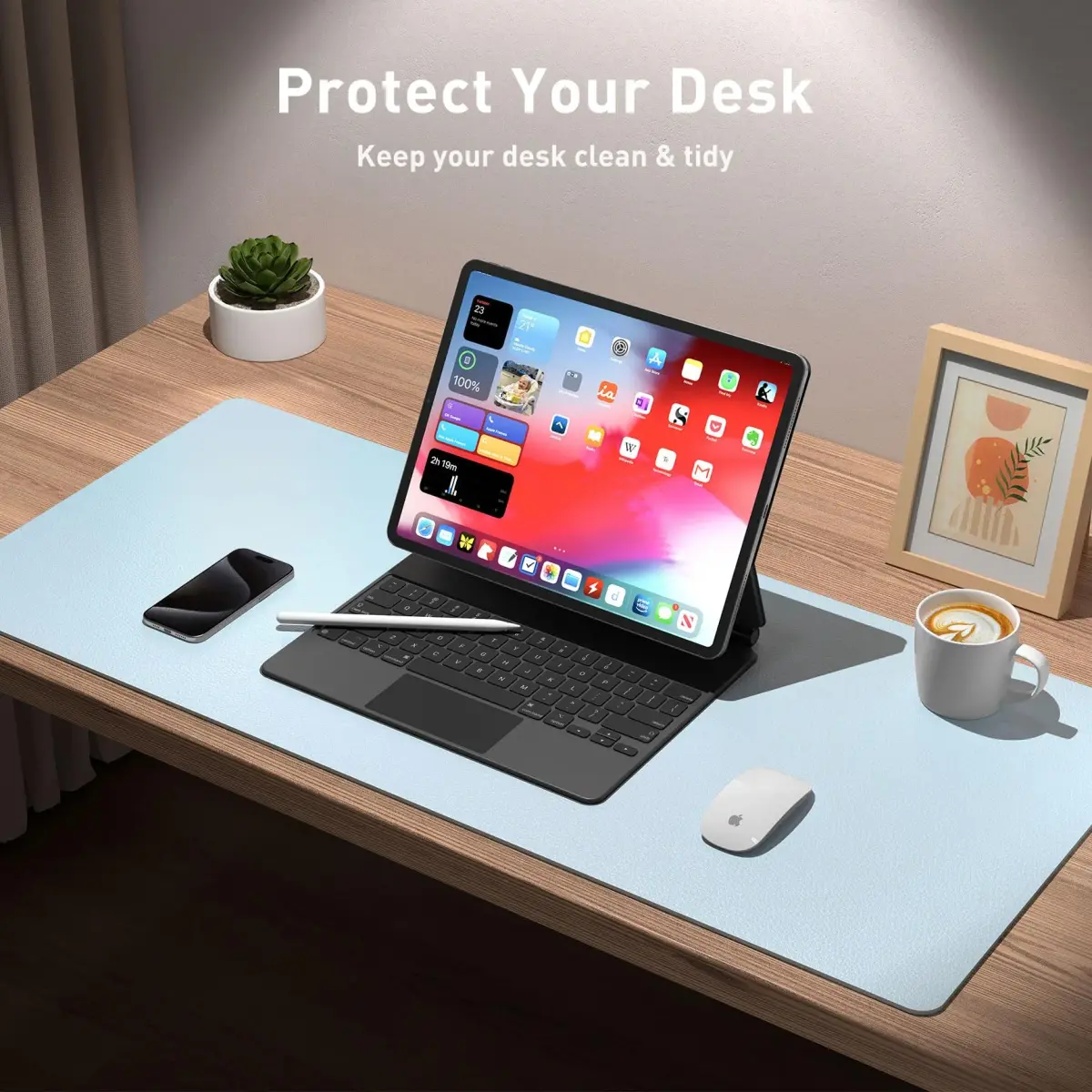 Aothia Baby Blue PU Leather Desk Pad Protector 59.9cm x 34.8cm (23.6" x 13.7") | Protects Desks with Non-Slip Grip - view 3