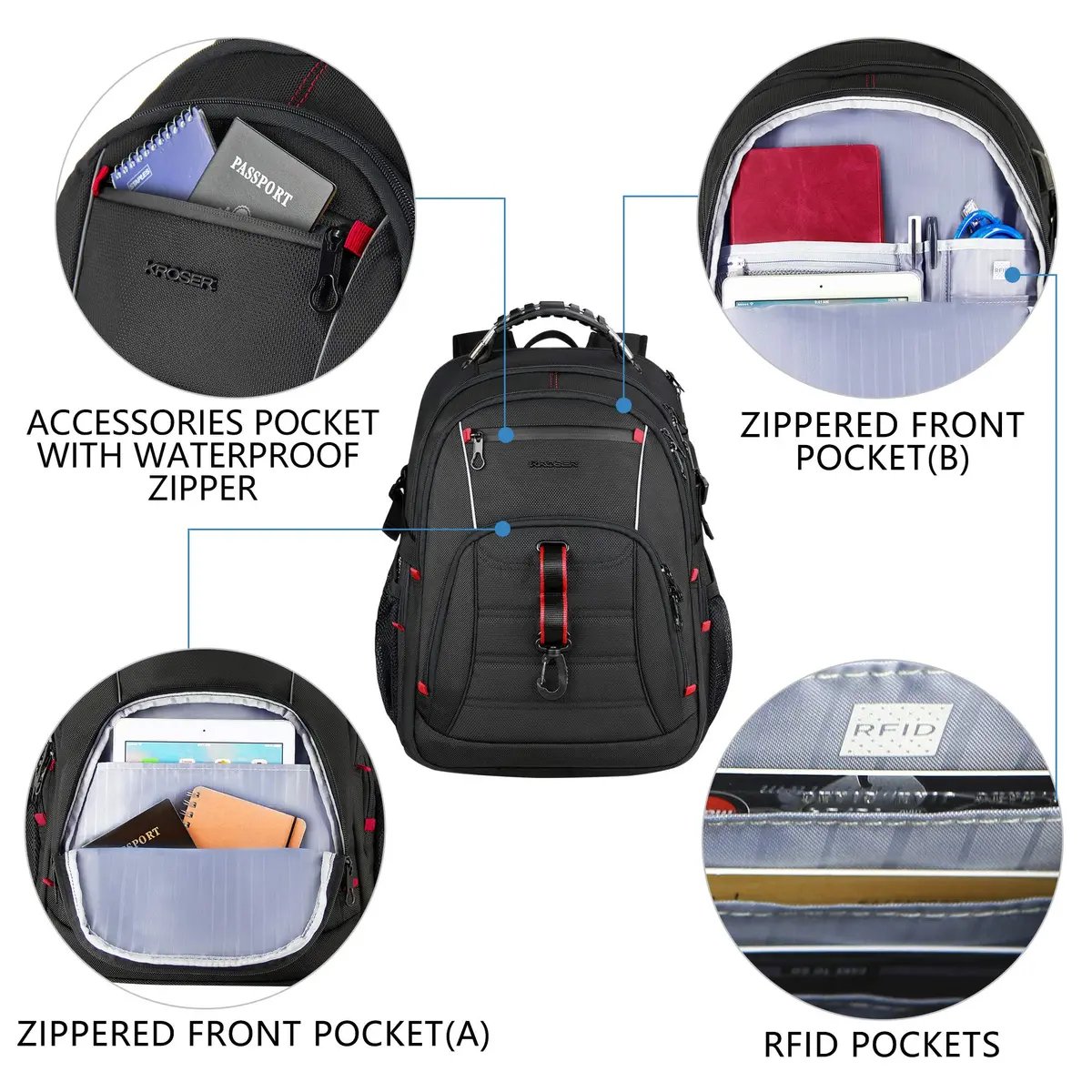 KROSER Travel Laptop Backpack 17.3 inch | Water-Resistant, RFID & USB Port, Reflective Strips, Trolley Strap, Large Capacity - view 3