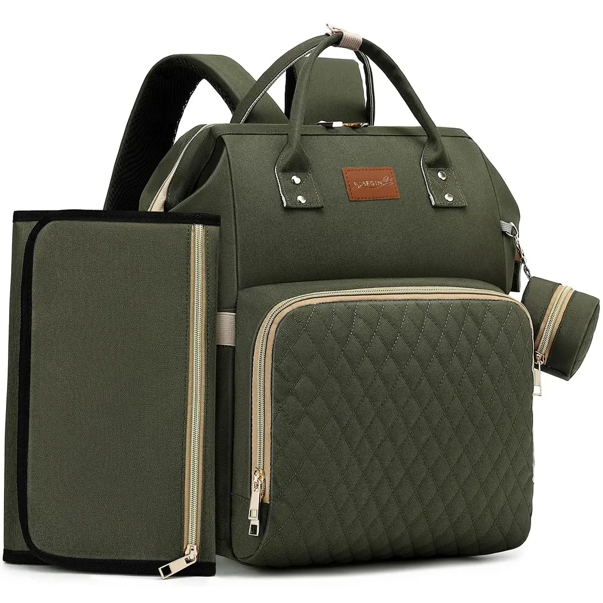 ROSEGIN Diaper Bag Backpack with Changing Pad, Pacifier Case, Baby Bag for Boy Girl Toddler - Large, Stylish, Waterproof Travel Quilted Diaper Bag for Mom - Army Green (35L) - main product image
