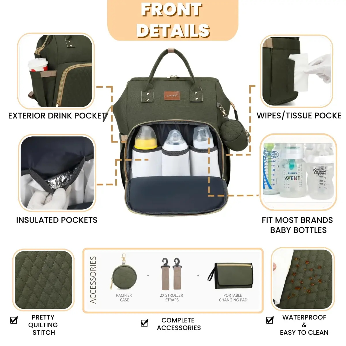 ROSEGIN Diaper Bag Backpack with Changing Pad, Pacifier Case, Baby Bag for Boy Girl Toddler - Large, Stylish, Waterproof Travel Quilted Diaper Bag for Mom - Army Green (35L) - view 3