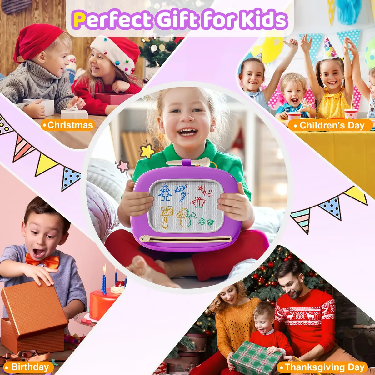 Kikidex Magnetic Drawing Board Toddler Toy 35cm (13.8in) | Mess-Free Purple Doodle Pad for Ages 1-3 - view 5