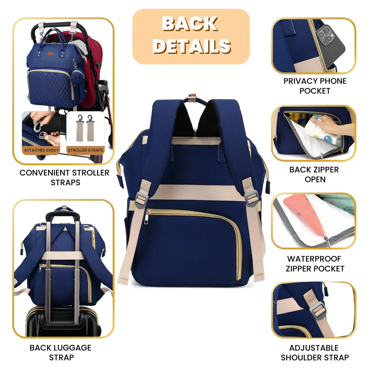 ROSEGIN Diaper Bag Backpack with Changing Pad & Pacifier Case - 35L Large, Waterproof, Navy Blue | Unisex Travel Baby Bag - view 4