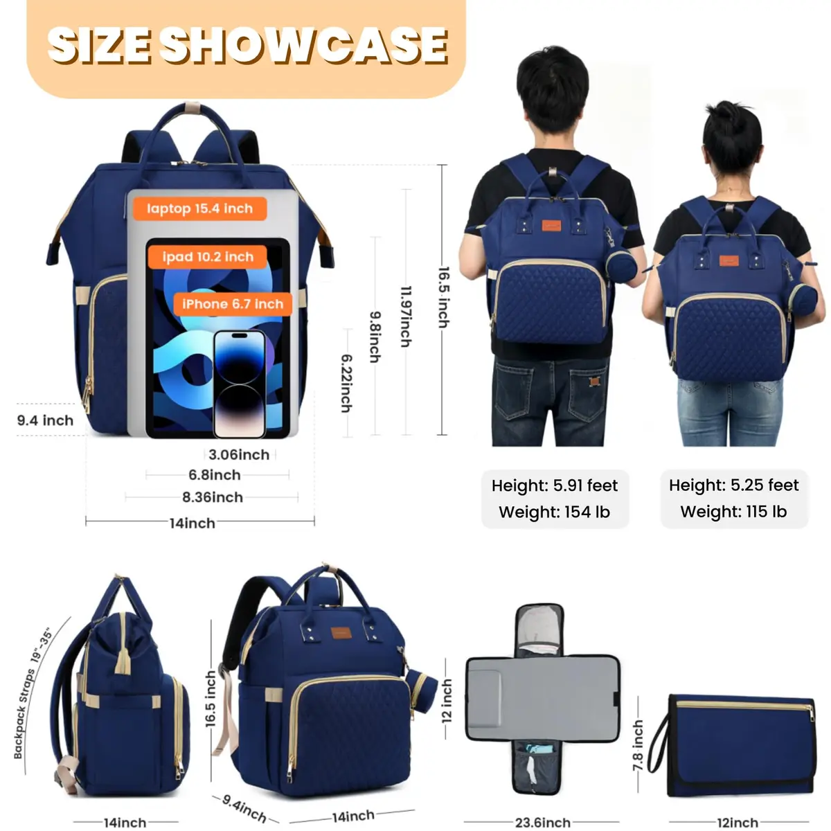ROSEGIN Diaper Bag Backpack with Changing Pad & Pacifier Case - 35L Large, Waterproof, Navy Blue | Unisex Travel Baby Bag - view 6