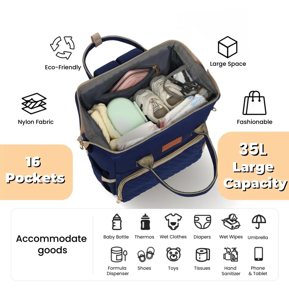 ROSEGIN Diaper Bag Backpack with Changing Pad & Pacifier Case - 35L Large, Waterproof, Navy Blue | Unisex Travel Baby Bag - view 2