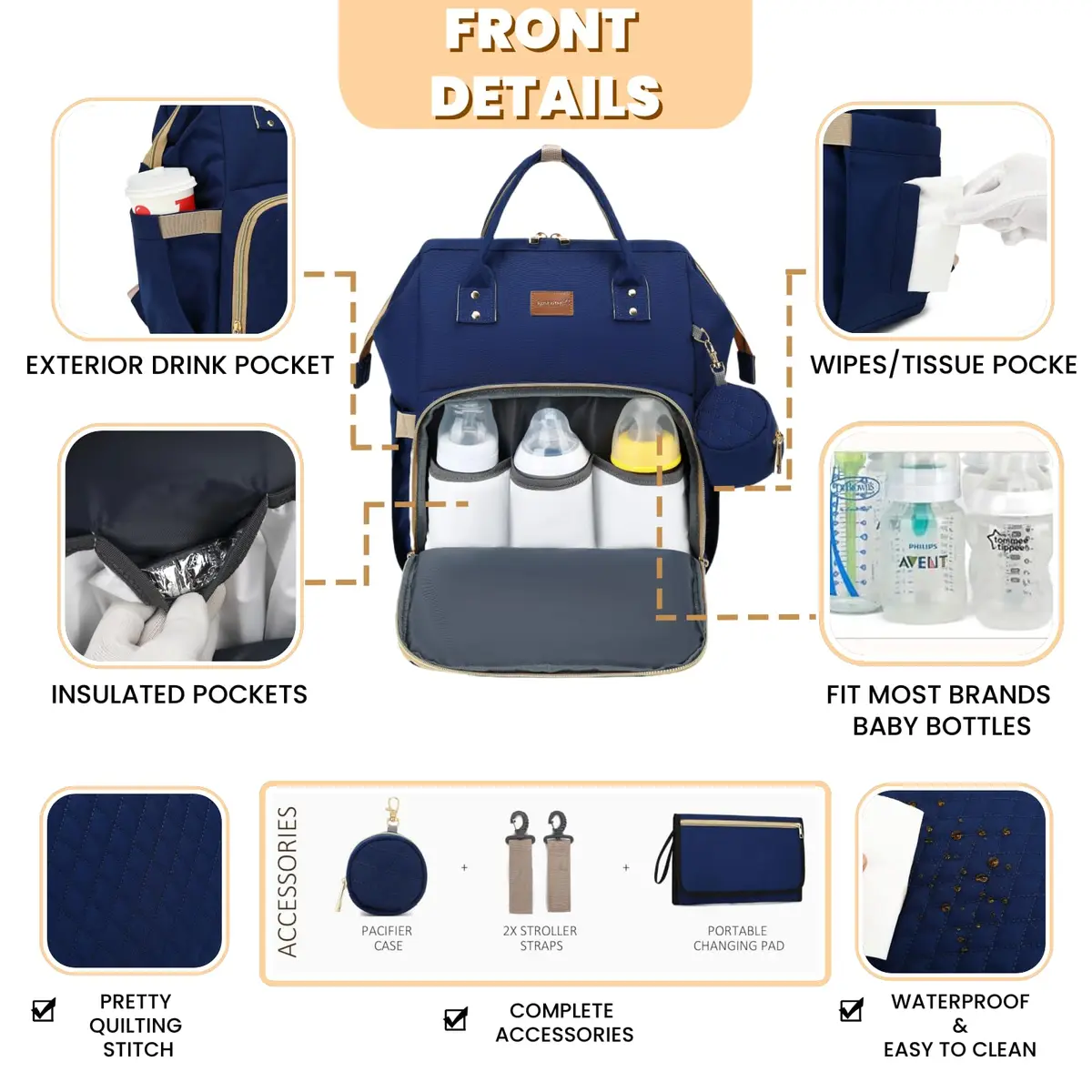 ROSEGIN Diaper Bag Backpack with Changing Pad & Pacifier Case - 35L Large, Waterproof, Navy Blue | Unisex Travel Baby Bag - view 3