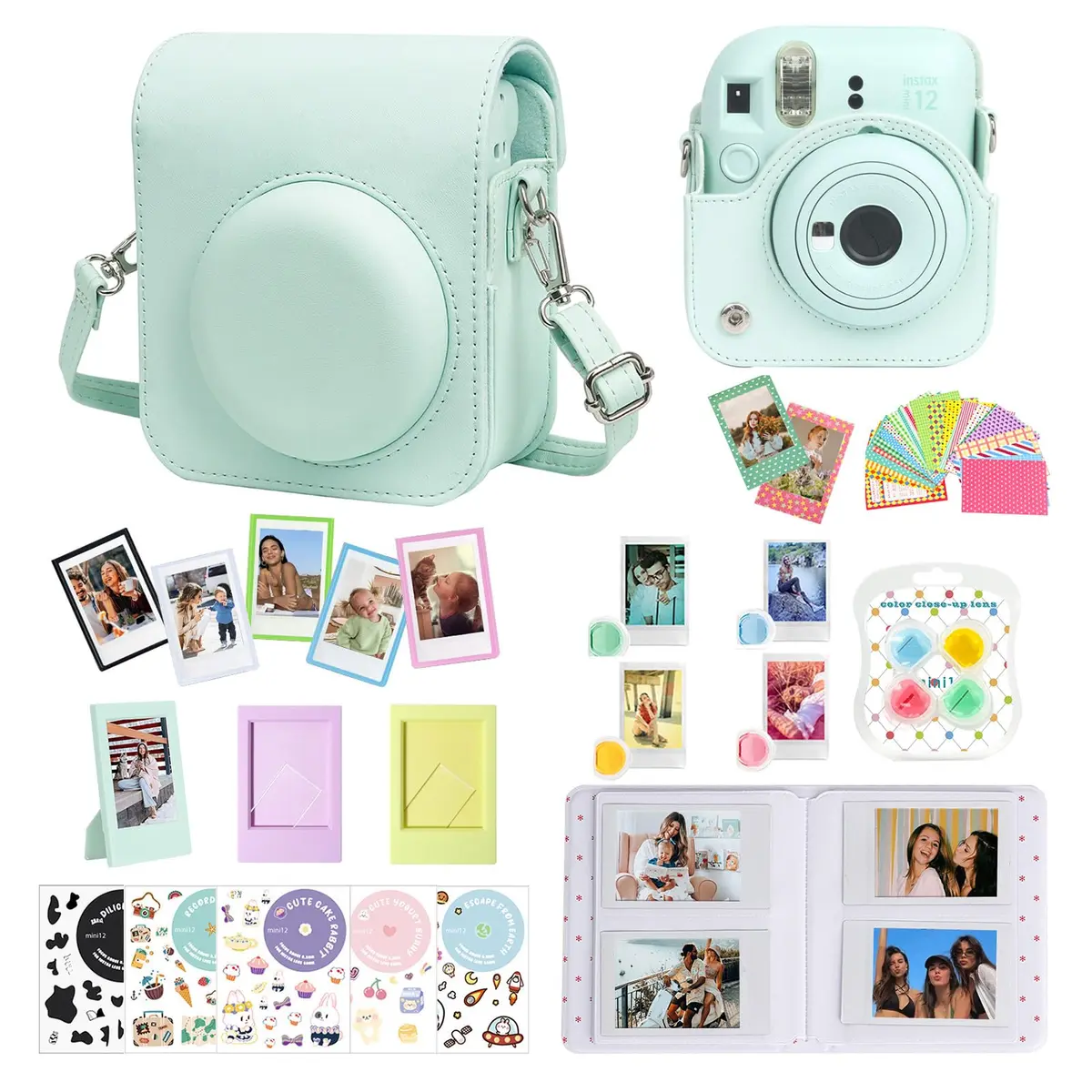 CAIYOULE Mint Green Camera Accessory Kit for Fujifilm Instax Mini 12 | PU Leather Case, Photo Album, Magnetic Frames, Filters - main product image