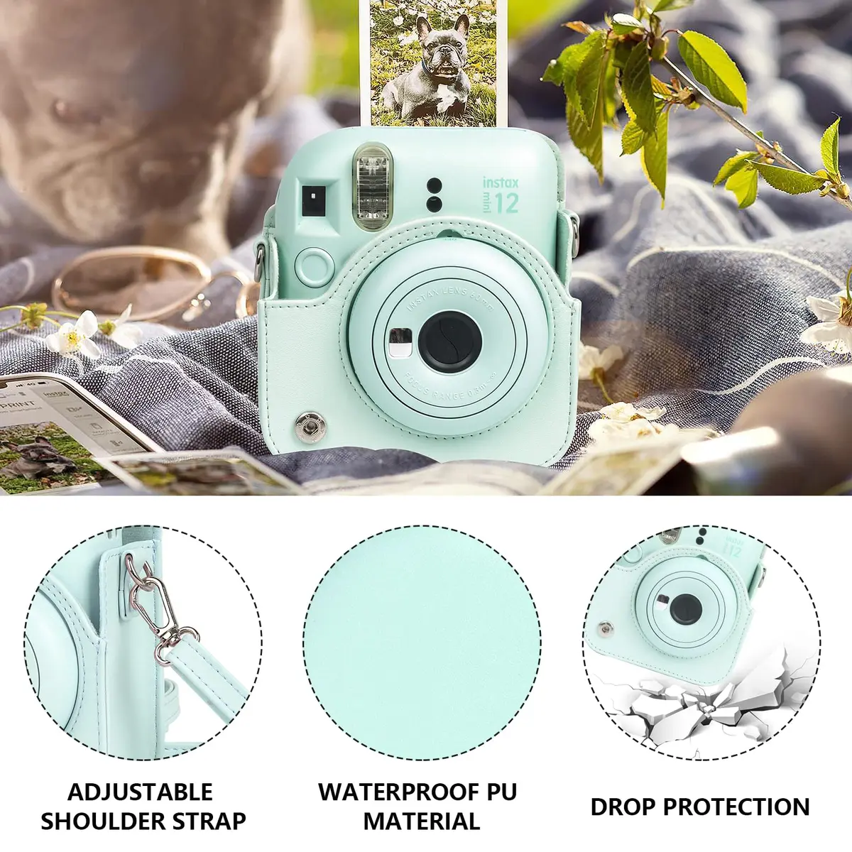 CAIYOULE Mint Green Camera Accessory Kit for Fujifilm Instax Mini 12 | PU Leather Case, Photo Album, Magnetic Frames, Filters - view 3