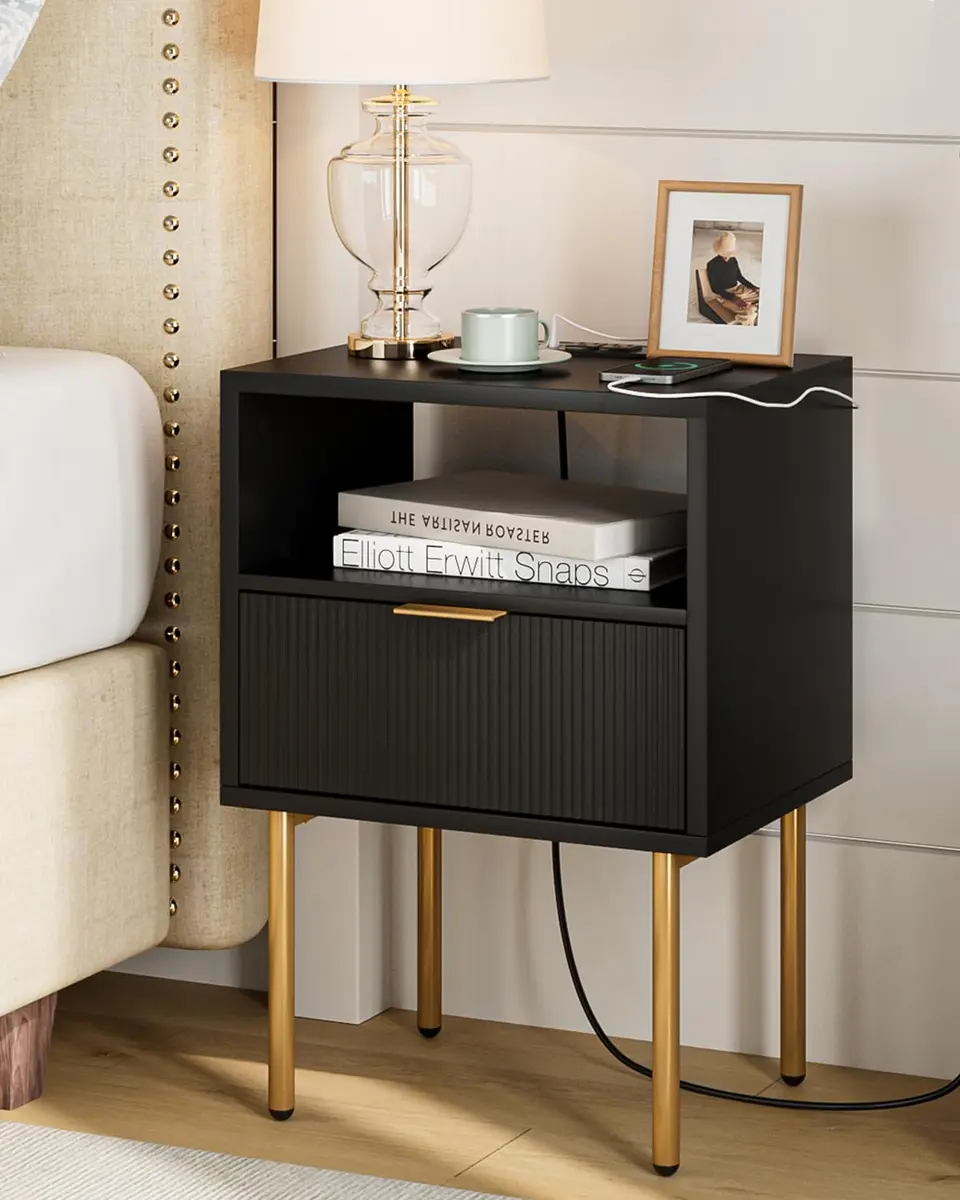 Masupu Nightstand with Charging Station | Modern Bedside Table with Storage Drawer & Wood Shelf (Black) - main product image