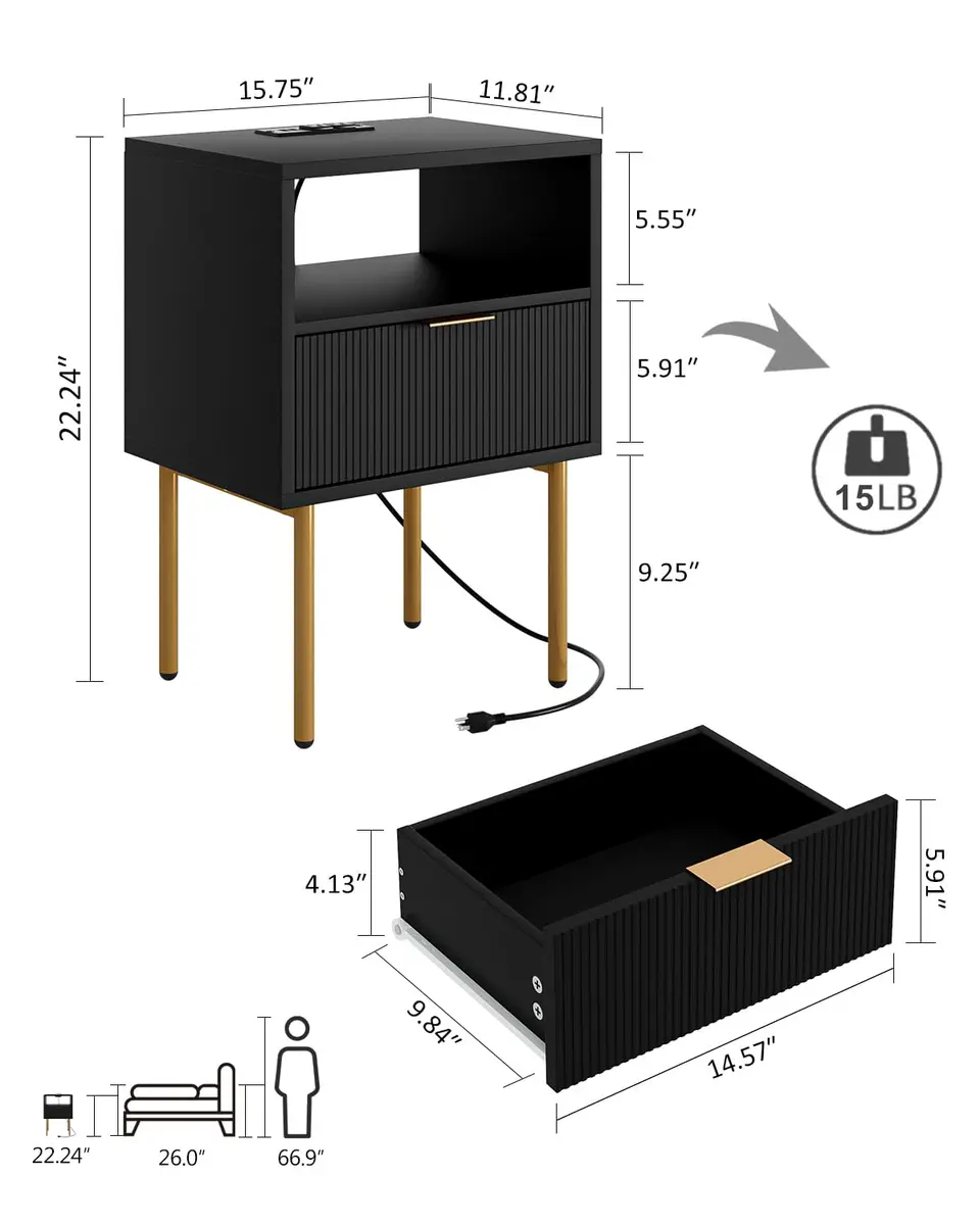 Masupu Nightstand with Charging Station | Modern Bedside Table with Storage Drawer & Wood Shelf (Black) - view 5