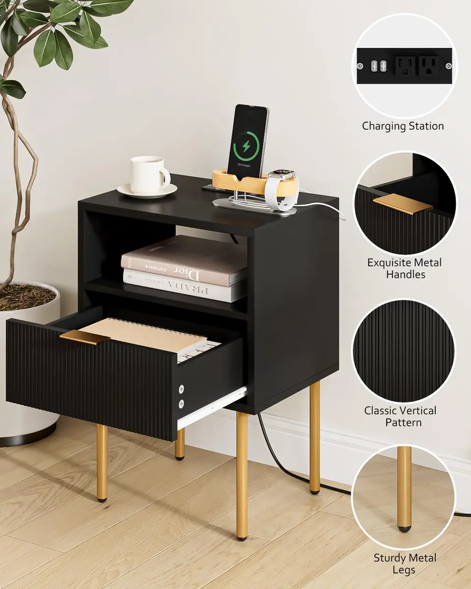 Masupu Nightstand with Charging Station | Modern Bedside Table with Storage Drawer & Wood Shelf (Black) - view 6