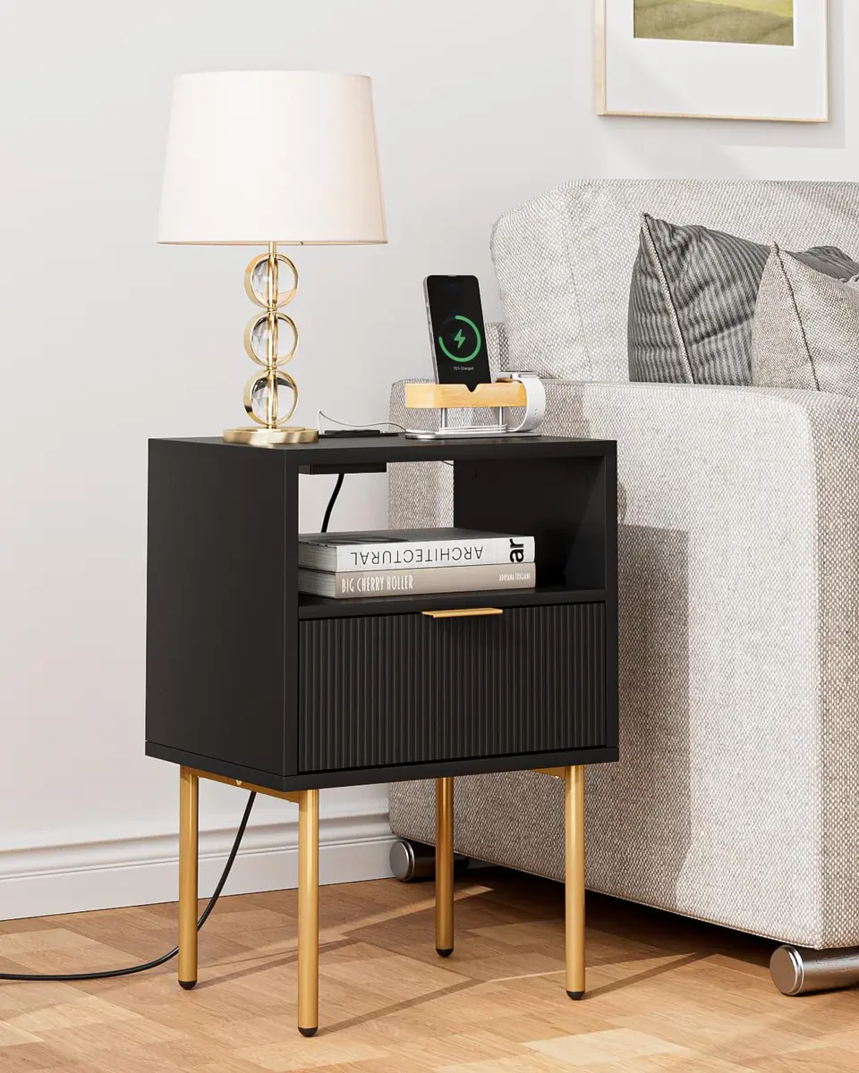 Masupu Nightstand with Charging Station | Modern Bedside Table with Storage Drawer & Wood Shelf (Black) - view 8
