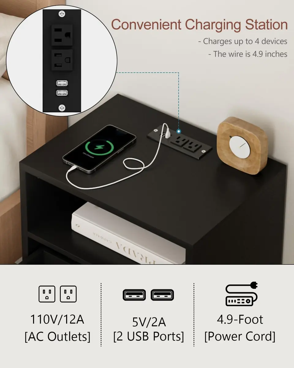 Masupu Nightstand with Charging Station | Modern Bedside Table with Storage Drawer & Wood Shelf (Black) - view 2