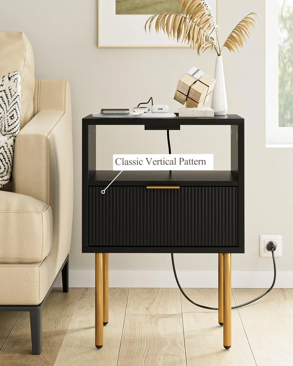 Masupu Nightstand with Charging Station | Modern Bedside Table with Storage Drawer & Wood Shelf (Black) - view 3