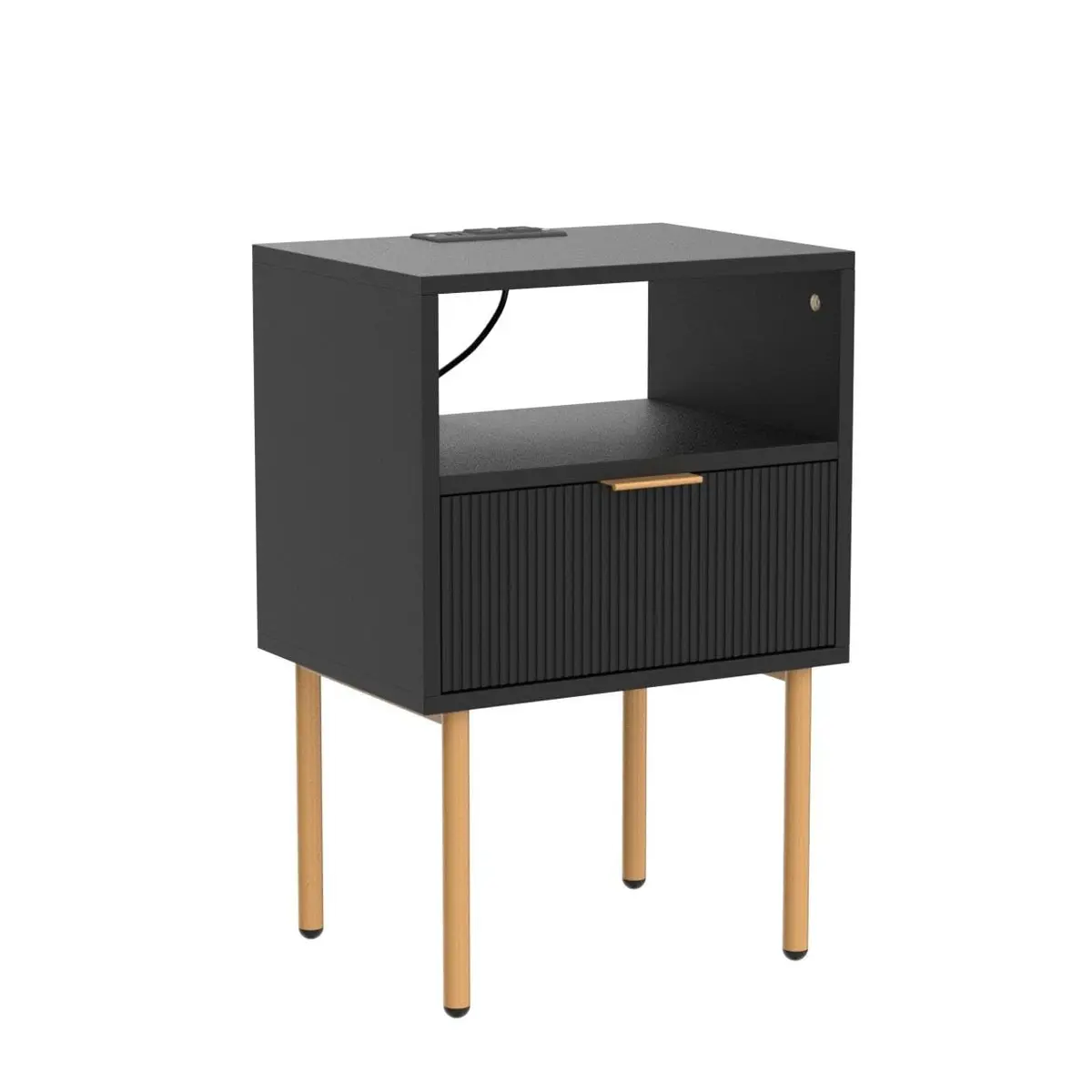 Masupu Nightstand with Charging Station | Modern Bedside Table with Storage Drawer & Wood Shelf (Black) - view 4