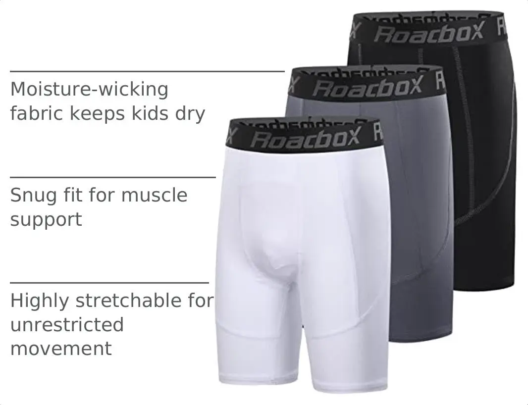 Roadbox Boys Compression Shorts 3 Pack Athletic Quick Dry Kids Underwear | 8-inch inseam, Moisture-Wicking - view 4