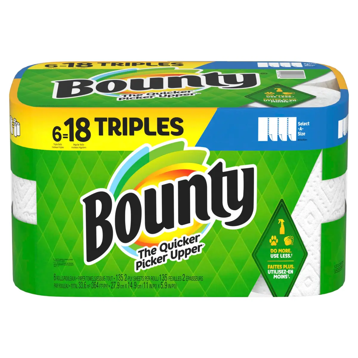 Bounty Select-A-Size Paper Towels, 6 Triple Rolls, White - Absorbent & Quicker Picker Upper - main product image