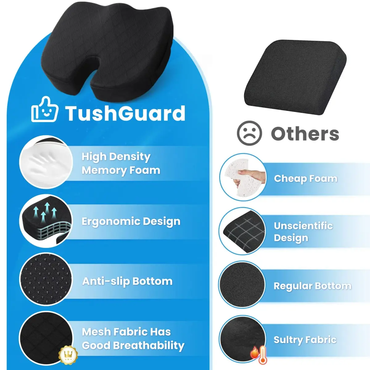 TushGuard Black Memory Foam Seat Cushion XL | Ergonomic U-Shape for Sciatica & Tailbone Pain Relief - view 6
