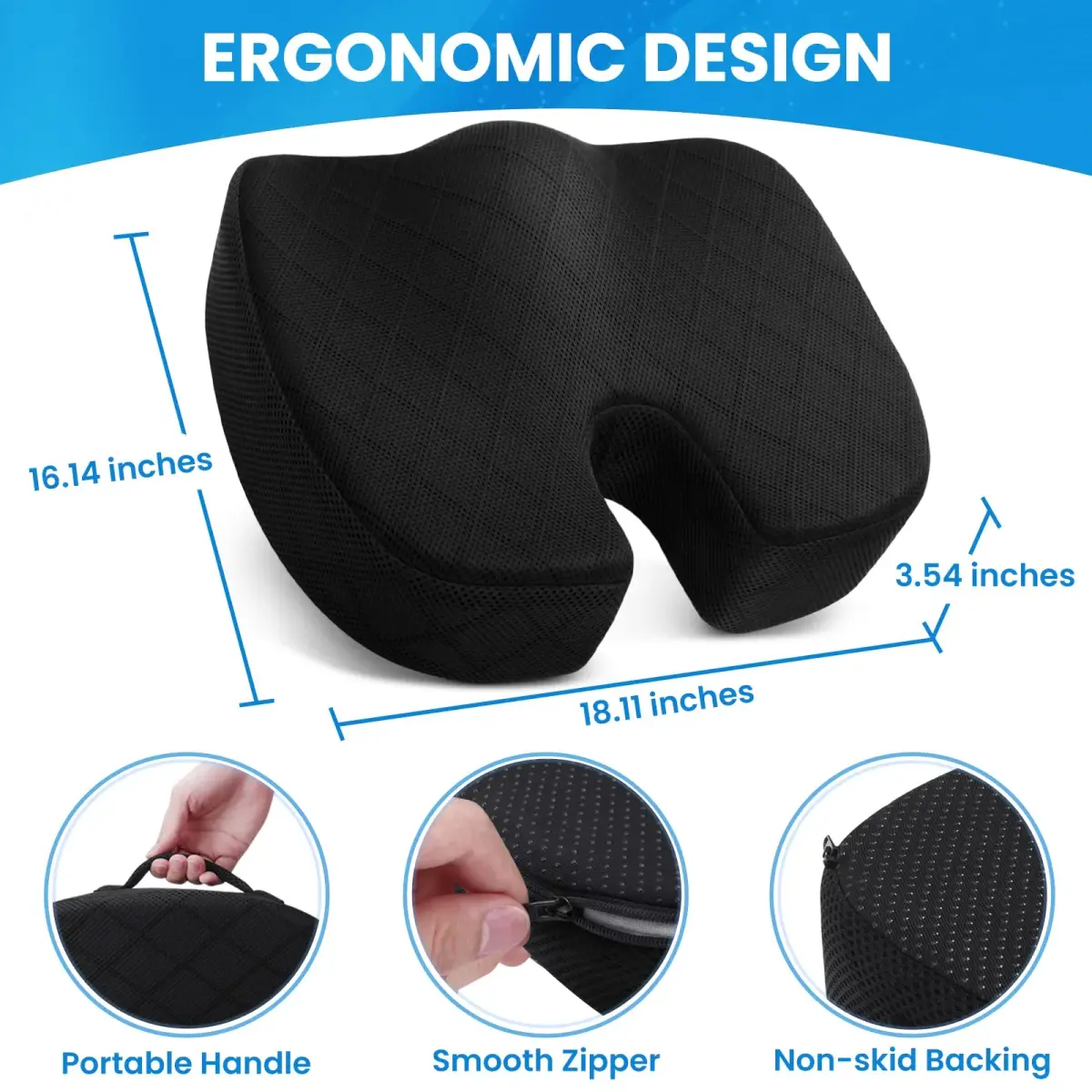 TushGuard Black Memory Foam Seat Cushion XL | Ergonomic U-Shape for Sciatica & Tailbone Pain Relief - view 2