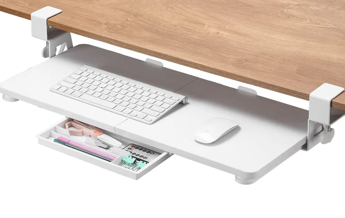 ETHU Under Desk Keyboard Tray with C-Clamp, 68cm (26.77") x 30cm (11.81"), White | Ergonomic Sliding Computer Keyboard Stand for Home and Office - main product image
