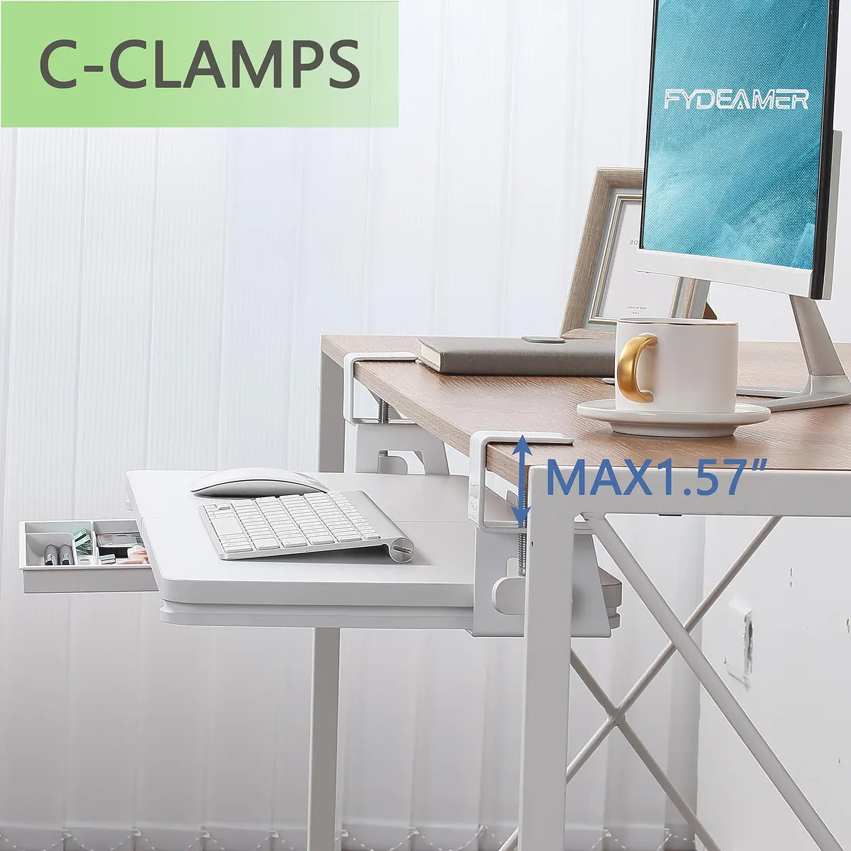 ETHU Under Desk Keyboard Tray with C-Clamp, 68cm (26.77") x 30cm (11.81"), White | Ergonomic Sliding Computer Keyboard Stand for Home and Office - view 6