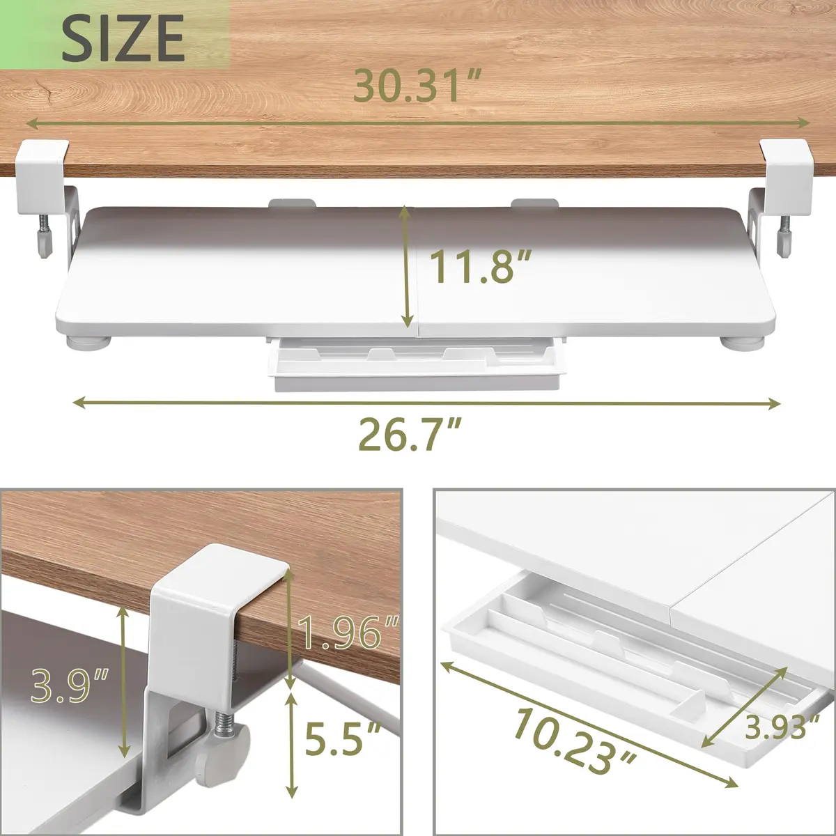 ETHU Under Desk Keyboard Tray with C-Clamp, 68cm (26.77") x 30cm (11.81"), White | Ergonomic Sliding Computer Keyboard Stand for Home and Office - view 2