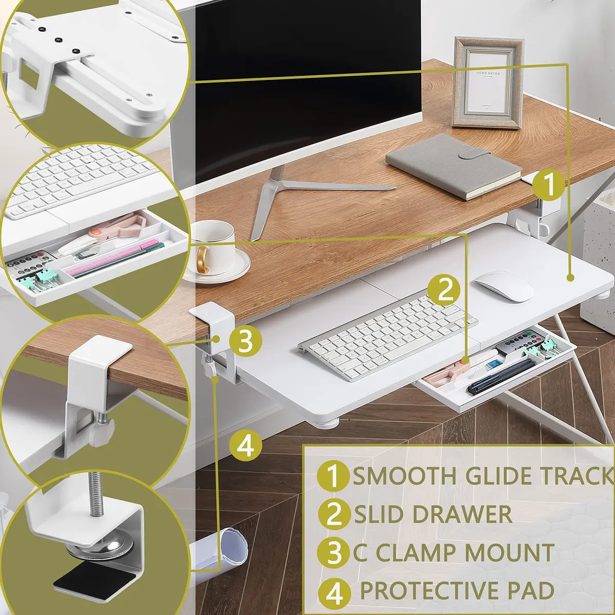 ETHU Under Desk Keyboard Tray with C-Clamp, 68cm (26.77") x 30cm (11.81"), White | Ergonomic Sliding Computer Keyboard Stand for Home and Office - view 4