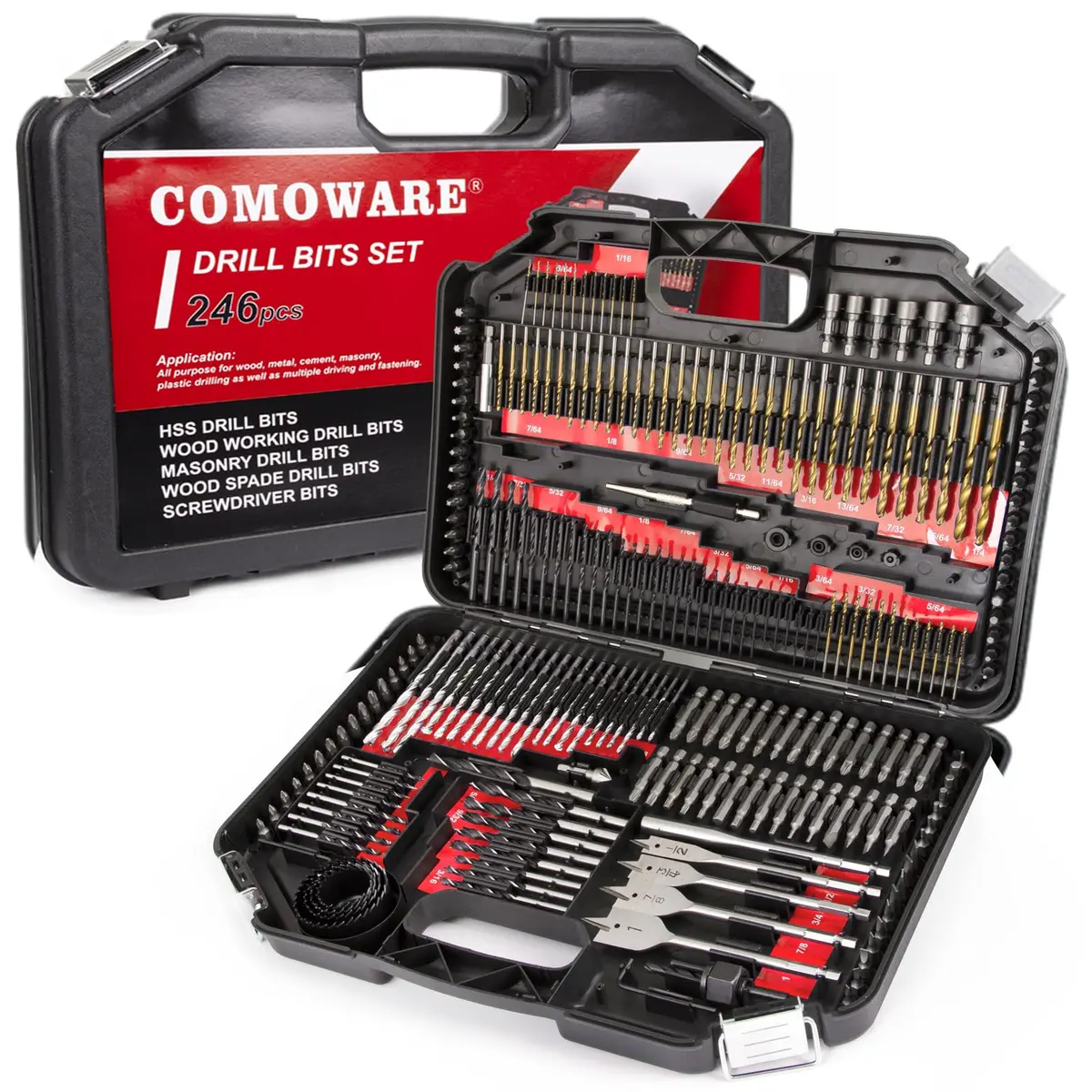 COMOWARE 246 Pcs Drill Bit Set with Case | Wood, Metal, Masonry, Cement & Screwdriver Bits - main product image