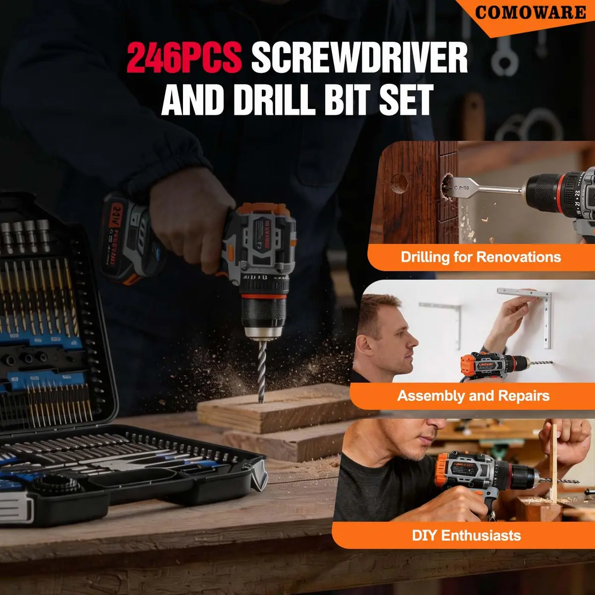 COMOWARE 246 Pcs Drill Bit Set with Case | Wood, Metal, Masonry, Cement & Screwdriver Bits - view 7