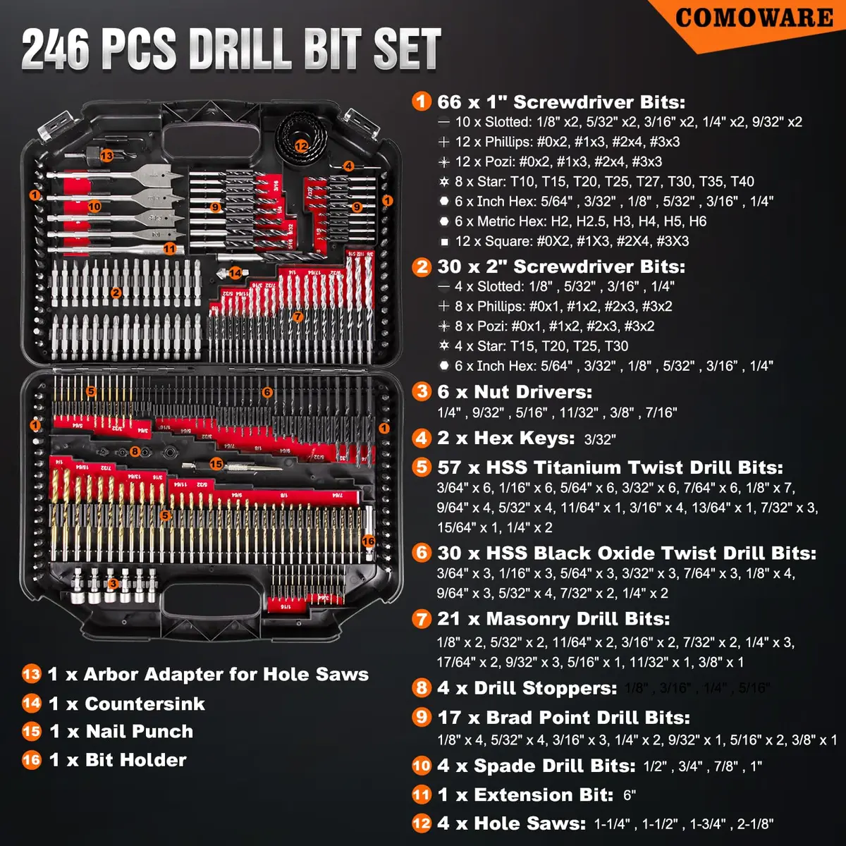 COMOWARE 246 Pcs Drill Bit Set with Case | Wood, Metal, Masonry, Cement & Screwdriver Bits - view 2