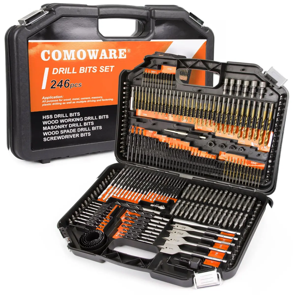 COMOWARE 246 Pcs Drill Bit Set with Orange Case | HSS Titanium & Black Oxide Coated Bits for Wood, Metal, Masonry - main product image