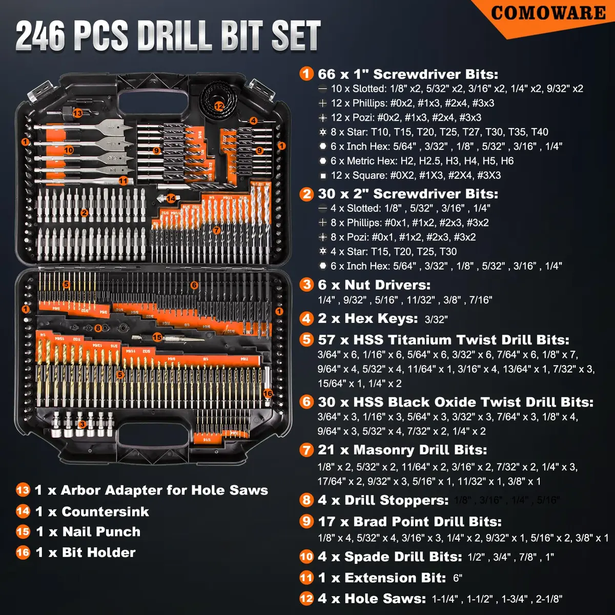 COMOWARE 246 Pcs Drill Bit Set with Orange Case | HSS Titanium & Black Oxide Coated Bits for Wood, Metal, Masonry - view 2