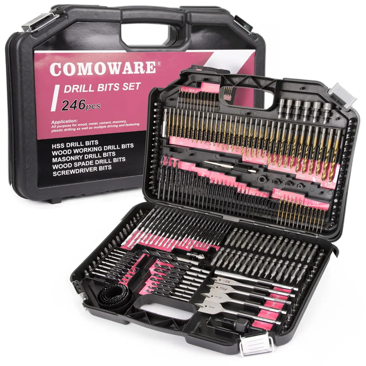 COMOWARE 246 Pcs Drill Bit Set with Pink Case | All-in-One Wood, Metal, Masonry, Screwdriver Bits Combo Kit - main product image