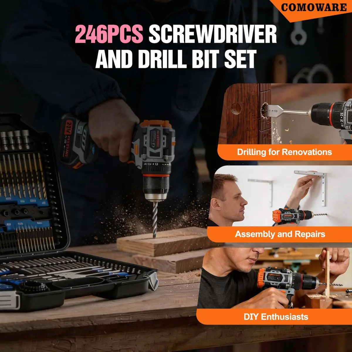 COMOWARE 246 Pcs Drill Bit Set with Pink Case | All-in-One Wood, Metal, Masonry, Screwdriver Bits Combo Kit - view 7