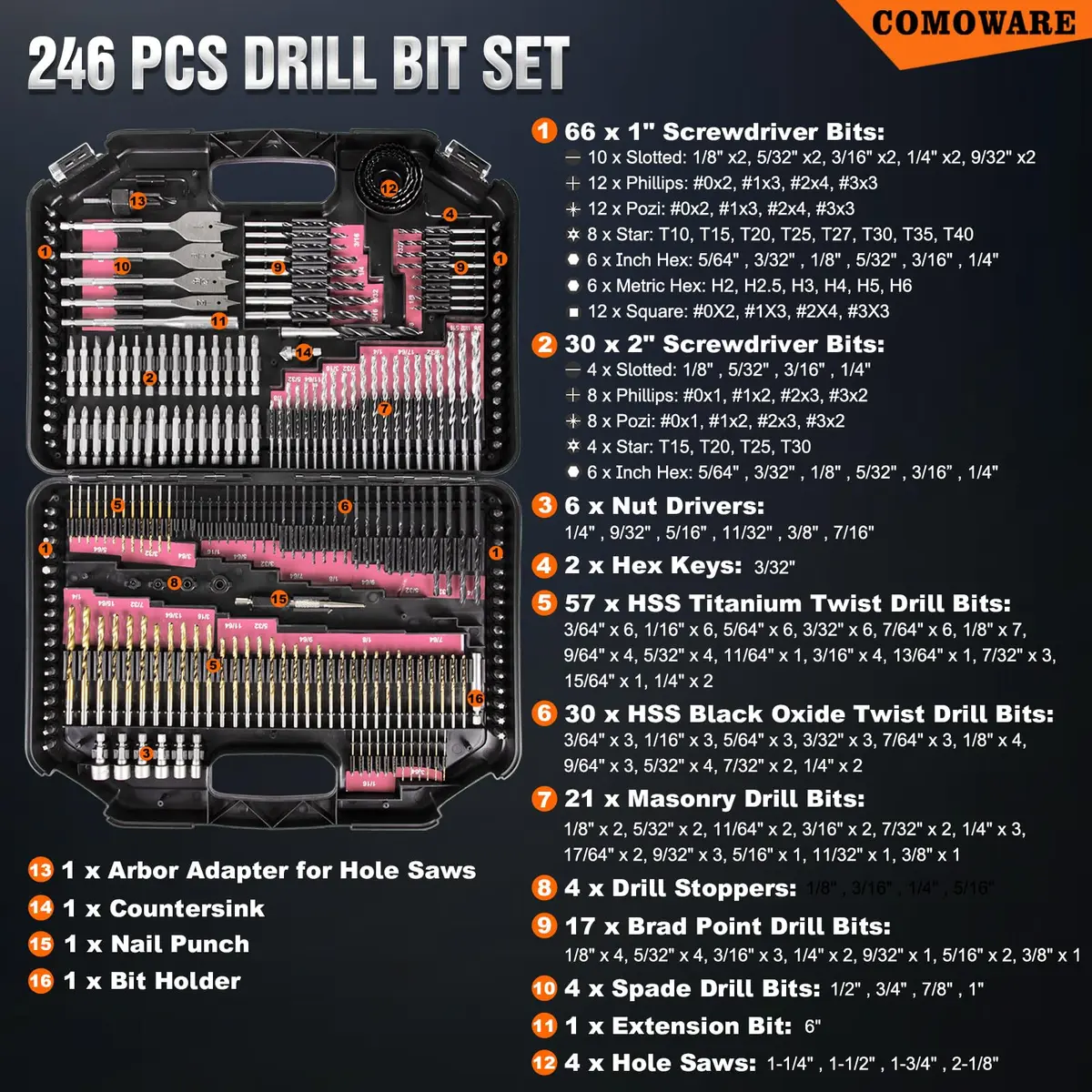COMOWARE 246 Pcs Drill Bit Set with Pink Case | All-in-One Wood, Metal, Masonry, Screwdriver Bits Combo Kit - view 2