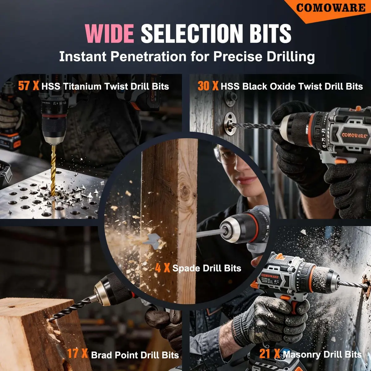 COMOWARE 246 Pcs Drill Bit Set with Pink Case | All-in-One Wood, Metal, Masonry, Screwdriver Bits Combo Kit - view 3