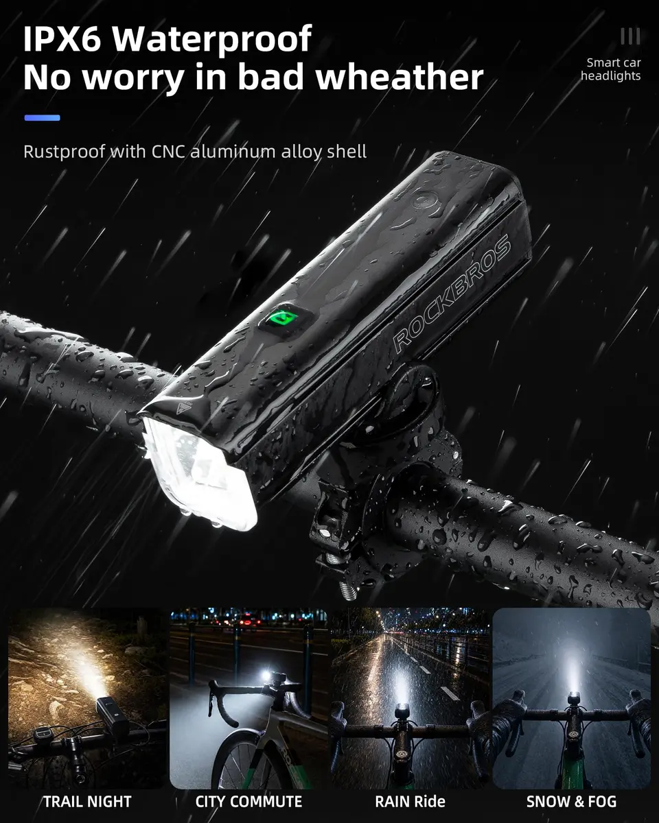 ROCKBROS Bike Light 1500 Lumens Bright Headlight Aluminum Alloy | IPX6 Waterproof, 5 Modes, USB-C Rechargeable - view 5